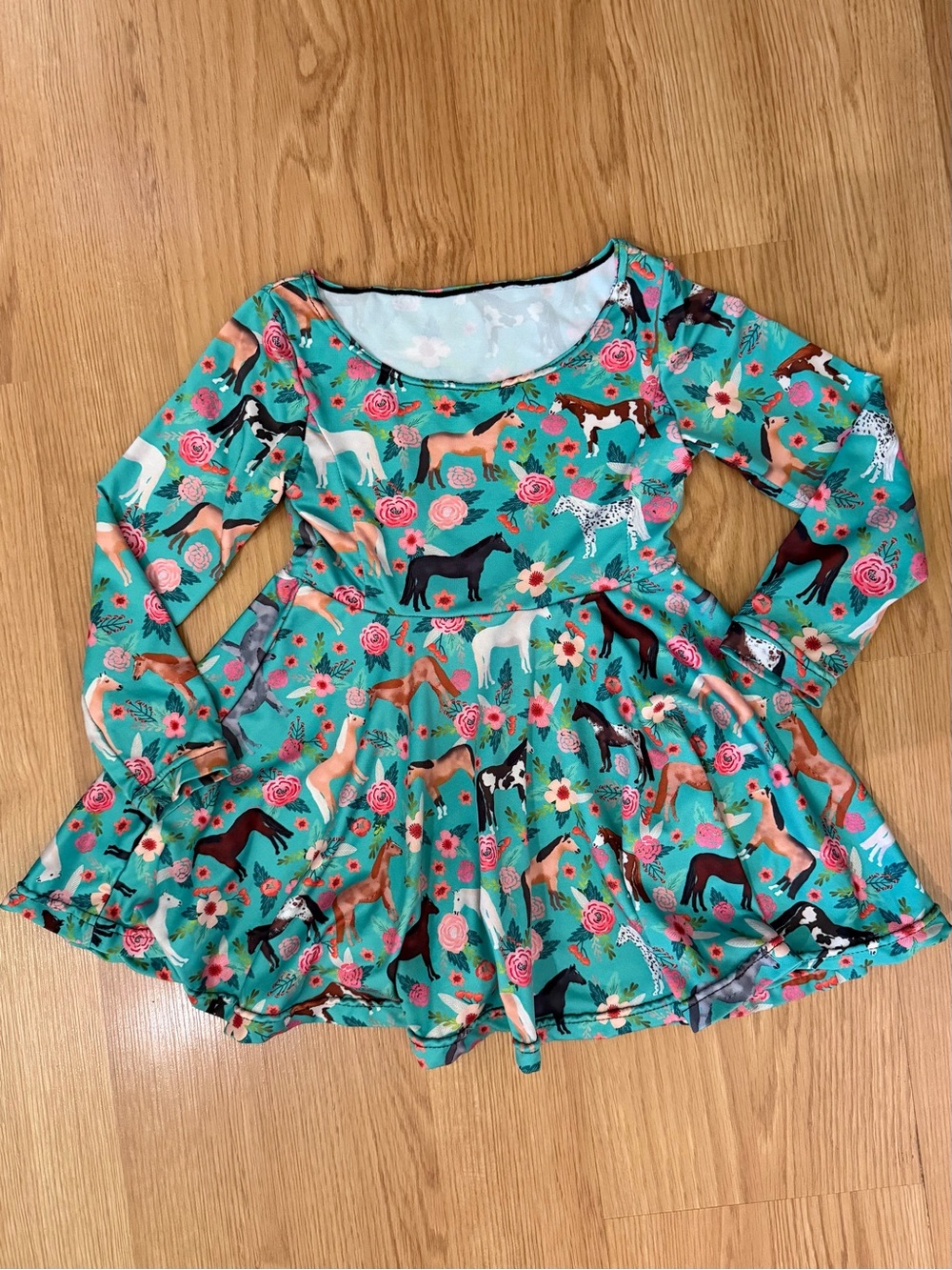 Horse Print Floral Long-Sleeve Twirl Dress 3T